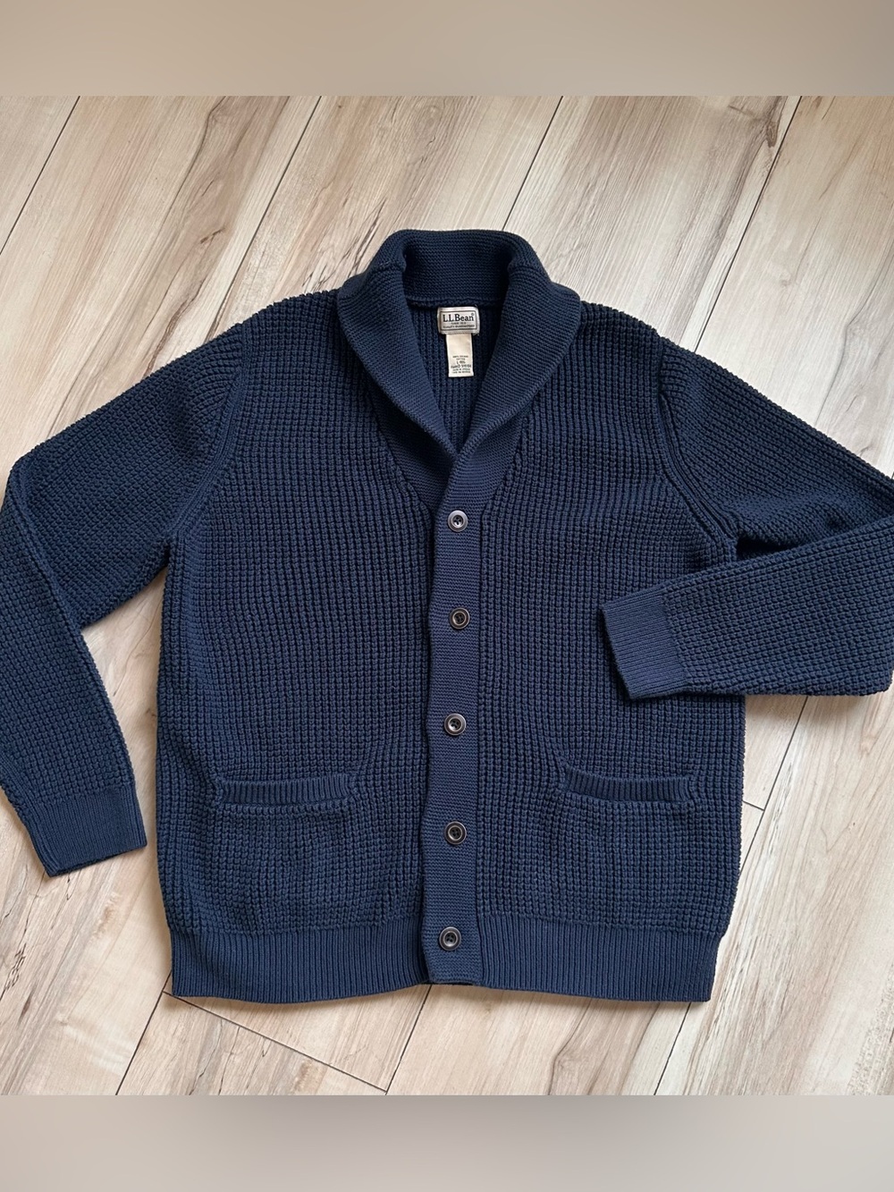 LL Bean Sweater Mens L Blue Chucky Knit Cotton Sweatshirt Shawl Cardigan